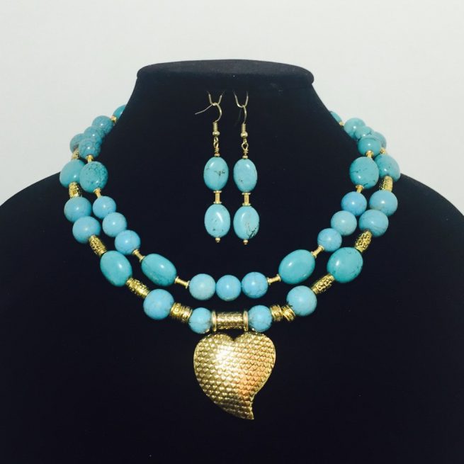 Turquoise, Magnesite and Gold Plate Necklace and Earrings
