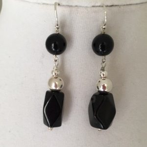 Silver, Onyx and Wood Earrings