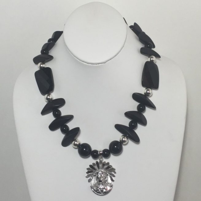Silver, Onyx, Agate and Wood Necklace