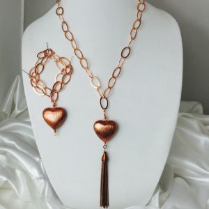 Copper heart, chain and tassel necklace and bracelet