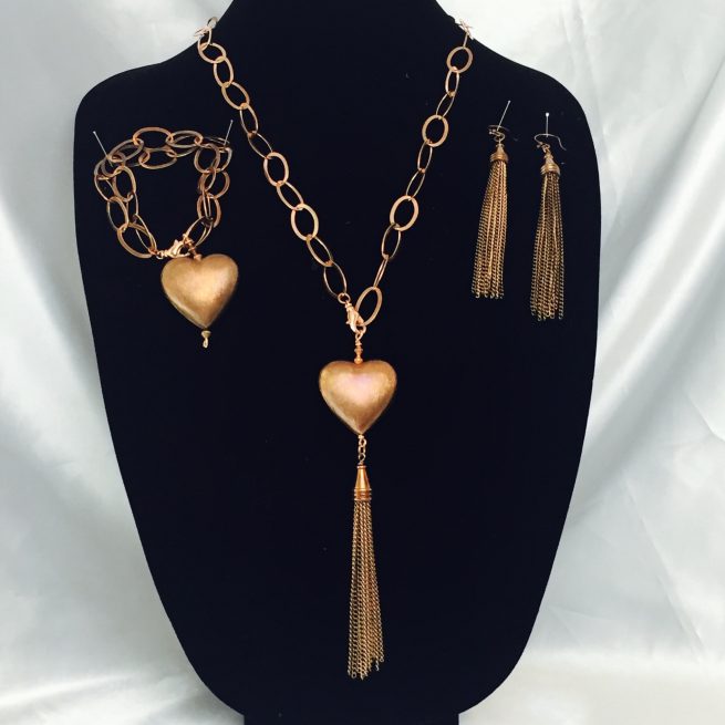 Copper chain and tassel necklace, earrings and bracelet