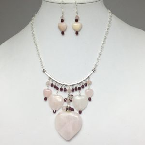 Rose Quartz and Crystals Heart Necklace and Earrings Set