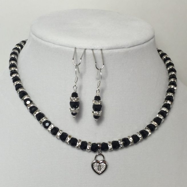 Black and Silver Crystals Necklace and Earrings Teen Set