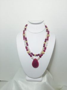 Red Jade, Fresh Water Pearls and Gold Plate Necklace