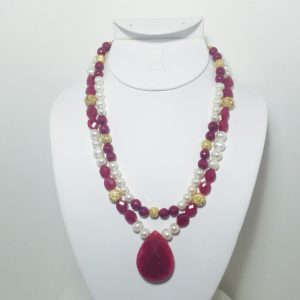 Red Jade, Fresh Water Pearls and Gold Plate Necklace