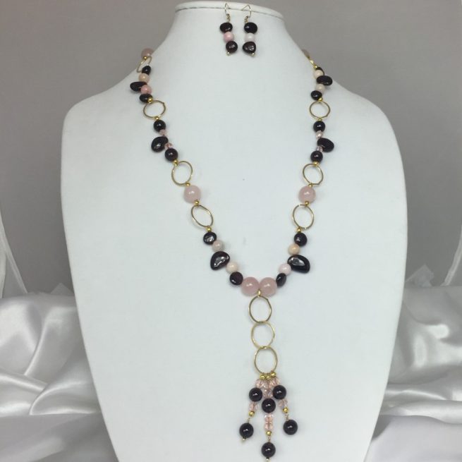 Garnet, Opal, Quartz , Crystal and Gold Necklace and Earring Set