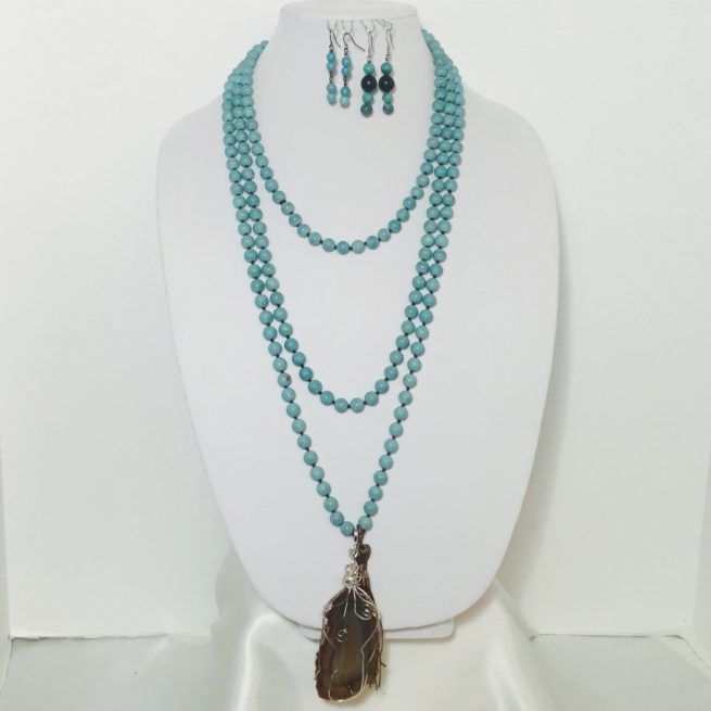 Howlite, Agate and Buri Seed Necklace and Earrings Set