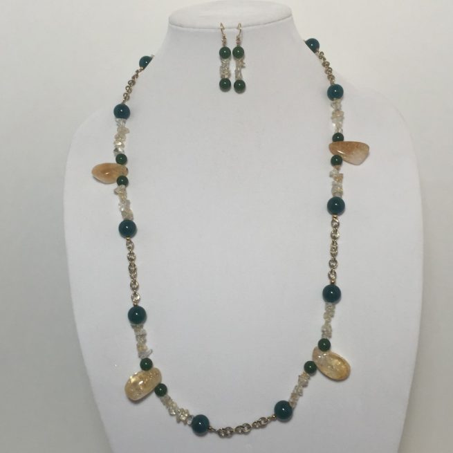 Citrine, Onyx, Jade and Gold Plate Necklace and Earrings Set