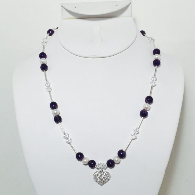 Amethyst, Pearl, Crystals and Sterling Silver Necklace