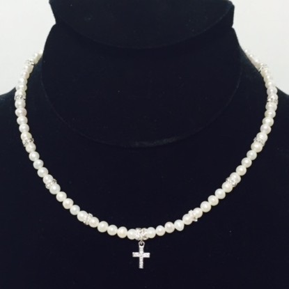 Pearl, Swarovski Crystal and Sterling Silver Cross Necklace