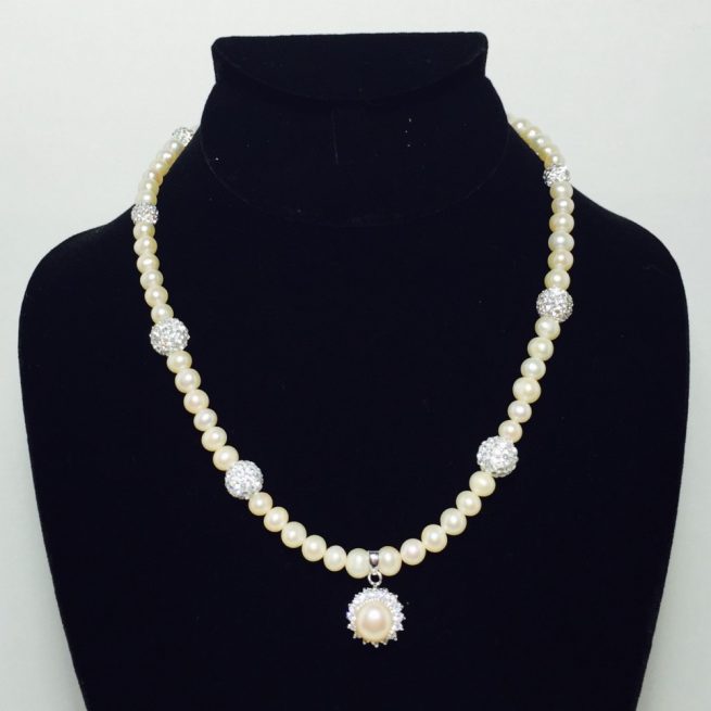 Pearl, CZ, Crystal and Sterling Silver Necklace
