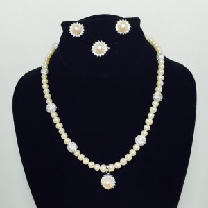 Pearl, CZ, Crystal and Sterling Silver Necklace, Ring and Earrings Set