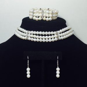 Pearl, Crystal and Silver Necklace, Earrings and Bracelet Set