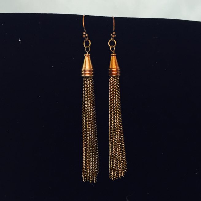 Copper heart, chain and tassel earrings