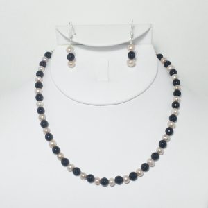 Pearl and Onyx Necklace and Earrings Set
