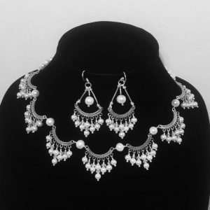 Pearl, Crystal and Silver Necklace and Earrings Set