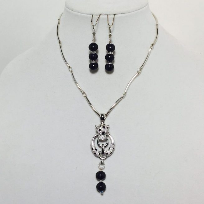 Black Pearls, Crystals and Sterling Silver Necklace and Earrings