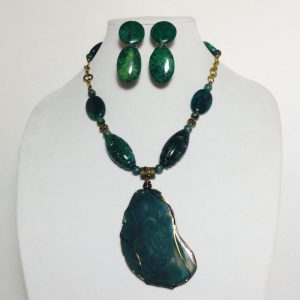 Agate, Jasper and Brass Necklace and Earrings Set