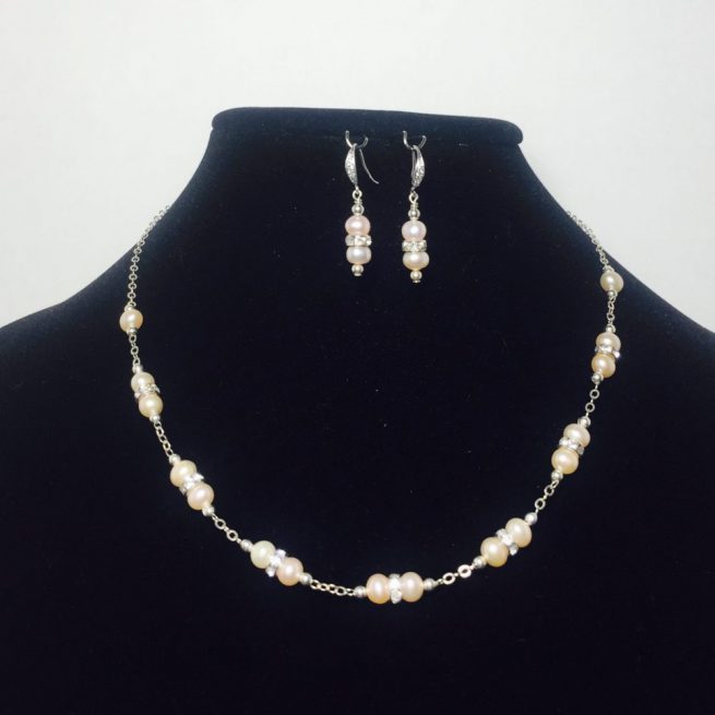 Pearl, Crystal and Sterling Silver Necklace and Earrings Set
