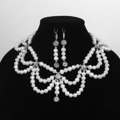 Pearl, Swarovski Crystals and Sterling Silver Necklace and Earrings Set