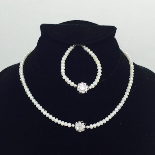 Pearl, Crystal and Sterling Silver Necklace and Bracelet Set